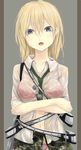  :o belt black_neckwear blonde_hair blue_eyes bra breasts btooom! camouflage crossed_arms head_tilt highres himiko_(btooom!) long_image looking_at_viewer medium_breasts navel necktie open_clothes open_mouth open_shirt panties see-through shirt short_sleeves simple_background skirt sleeves_rolled_up solo standing tall_image underwear wet wet_clothes yushika 
