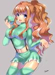  :d blue_eyes blush breasts brown_hair covered_nipples green_legwear green_shirt heart impossible_clothes impossible_sweater large_breasts long_hair looking_at_viewer matarou_(genkai_toppa) midriff navel open_mouth original ponytail ribbed_sweater shirt signature simple_background skirt smile solo suspenders sweater thighhighs yarn yarn_ball zettai_ryouiki 
