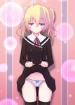  bad_id bad_pixiv_id black_legwear blonde_hair blue_eyes blush ivioss nasuhara_anastasia onii-chan_dakedo_ai_sae_areba_kankeinai_yo_ne panties polka_dot polka_dot_panties school_uniform skirt skirt_lift smile solo thighhighs twintails underwear 