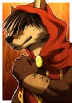  abstract_background aluminemsiren anthro assassin black_nose brown_fur brown_hair canine clenched_fist clenched_teeth cloak fox fur green_eyes hair male mammal muscles portrait solo teeth warrior wolf wristband xepher 