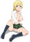 after_sex blonde_hair blue_eyes blush breasts btooom! cleavage cum cum_in_pussy himiko_(btooom!) ichihisa large_breasts legs long_hair long_legs nipples no_bra no_panties open_clothes open_shirt pussy shirt simple_background skirt sleeves_rolled_up socks solo white_background 