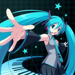  aqua_eyes aqua_hair checkered checkered_background cygnus_(cygnus7) detached_sleeves foreshortening hands hatsune_miku headset highres long_hair necktie open_mouth outstretched_arms piano_keys revision skirt solo spread_arms star twintails vocaloid 
