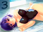  breasts collarbone competition_swimsuit covered_nipples hair_ornament hairclip hinohoshi_ataru large_breasts looking_at_viewer lying number on_side one-piece_swimsuit original pool purple_eyes purple_hair short_hair smile solo strap_slip swimsuit water wet 