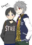  brown_hair casual clothes_writing hood hoodie ikari_shinji jacket male_focus multiple_boys nagisa_kaworu neon_genesis_evangelion plico_(nicoma) red_eyes shirt smile white_hair 