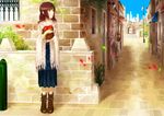  apple back boots brown_eyes brown_hair cloud dress food fruit long_hair original path petals road ryuushiro scenery shawl sky smile solo standing waiting 