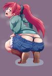  artist_request ass blush boots butt_crack crab_club denim denim_shorts fang highres hood hoodie kani_club long_hair looking_back mahou_shoujo_madoka_magica open_mouth panties ponytail red_eyes red_hair sakura_kyouko shorts squatting thong underwear whale_tail 