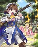  3boys :o ;o antique_firearm arm_up bad_id bad_pixiv_id bandages blonde_hair bloomers boots bra braid breastplate breasts brown_eyes brown_hair castle cleavage dress firearm firelock firing flintlock food_print forest gauntlets gown grass gun hair_ornament hairclip large_breasts lena_(zoal) long_hair maid maid_headdress multiple_boys multiple_girls musket nature official_art one_eye_closed open_mouth orc pantyhose pauldrons pink_bra pink_eyes planted_sword planted_weapon princess princess_(shingeki_no_bahamut) print_bra rifle serie_(shingeki_no_bahamut) shingeki_no_bahamut short_hair strawberry_bra strawberry_print sword tears tiara torn_clothes twin_braids underwear watermark weapon white_legwear 