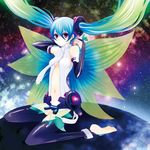  anklet aqua_hair bad_id bad_pixiv_id barefoot bridal_gauntlets bug butterfly center_opening floating_hair hatsune_miku hatsune_miku_(append) highres insect jewelry long_hair looking_at_viewer navel purple_eyes revision sitting sky solo star_(sky) starry_sky thighhighs twintails vocaloid vocaloid_append wariza wings wogura 