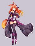  animal_ears armor bangs black_legwear bodysuit breasts eyebrows_visible_through_hair fatkewell fox_ears fox_tail full_body gauntlets gradient_hair greaves large_breasts long_hair looking_at_viewer mecha_musume multicolored_hair necktie open_clothes open_skirt orange_hair original rika_eastre skirt solo standing tail thigh_gap thighhighs 