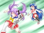  2girls anger_vein battle blue_hair blush faceless fan gaketsu gaketsu_gk2 gundam hair_ribbon hiiragi_kagami izumi_konata long_hair lucky_star messy_hair multiple_girls no_eyes no_face no_mouth no_nose open_mouth paper_fan parody purple_hair ribbon school_uniform torn_clothes twintails 