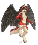  avian blue_eyes breasts canine feathers female fur invalid_color mammal nude red_fur shadow-wolf small_breasts solo watermark wings wolf wolf-nymph 