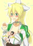  between_breasts black_hair blonde_hair blush braid breasts cleavage flying_sweatdrops green_eyes i_b_b_e large_breasts leafa long_hair minigirl multiple_girls open_mouth person_between_breasts pointy_ears ponytail sword_art_online twin_braids wavy_mouth yui_(sao) yui_(sao-alo) 