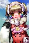  :d animal bird bird_on_hand blonde_hair blush bunny_hair_ornament chick coat cupping_hands hair_ornament hairband holding irui_guneden looking_at_viewer mittens nakamura_kanko open_mouth penguin smile solo super_robot_wars twintails yellow_eyes 