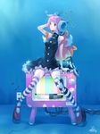  antennae asymmetrical_legwear blue_eyes dress hand_on_headphones headphones original pink_hair short_hair shounen_democratica sitting solo striped striped_legwear stuffed_animal stuffed_toy teddy_bear television thighhighs 