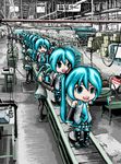  aqua_eyes aqua_hair conveyor_belt factory hatsune_miku long_hair mikudayoo multiple_girls open_mouth rxjx smile structure vocaloid 