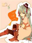  bad_id bad_pixiv_id belt boots dress ennui_heiwa_miku green_eyes green_hair hair_ribbon hat hatsune_miku highres knee_boots long_hair pantyhose ribbon sitting solo very_long_hair vocaloid 