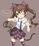  animal_ears blush brown_eyes brown_hair cat_ears cat_tail checkered checkered_skirt fake_animal_ears fang hat himekaidou_hatate long_image nametake necktie pointy_ears ribbon short_sleeves simple_background skirt solo tail tall_image thighhighs tokin_hat touhou twintails 