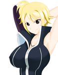  armpits arms_behind_head blonde_hair breasts brown_eyes covered_nipples fairy_tail gloves juudai large_breasts lucy_ashley side_ponytail single_glove smile solo 