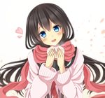  :d bangs baozi black_hair blue_eyes blush commentary_request food gradient gradient_background hands_up head_tilt heart holding holding_food long_hair long_sleeves looking_at_viewer open_mouth original red_scarf round_teeth scarf smile solo teeth upper_body white_background yasuno_(airy_light) 
