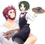  androgynous bad_id bad_pixiv_id beard blush bow bowtie coffee facial_hair fate/zero fate_(series) green_eyes green_hair hiroichi multiple_boys red_eyes red_hair rider_(fate/zero) size_difference vest waistcoat waiter waver_velvet 