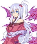 bad_id bad_pixiv_id blue_eyes capelet demon_wings dress hair_bobbles hair_ornament kenuu_(kenny) long_hair purple_wings red_capelet shinki side_ponytail silver_hair smile solo touhou touhou_(pc-98) wings 