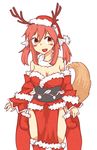  adapted_costume antlers bare_shoulders blush_stickers breasts cleavage detached_sleeves dress fate/extra fate_(series) fox_tail hat highres kneehighs medium_breasts non-web_source pink_hair popl santa_costume santa_hat sash smile solo strapless strapless_dress tail tamamo_(fate)_(all) tamamo_no_mae_(fate) yellow_eyes 
