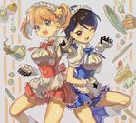  2girls blue_d_(bobobo-bo_bo-bobo) blue_eyes blush bobobo-bo_bo-bobo boots brass_knuckles breasts brown_hair cake candy coffee food maid maids multiple_girls open_mouth red_eyes red_hair red_k_(bobobo-bo_bo-bobo) short_hair short_twintails spiked_knuckles twintails weapon wink 