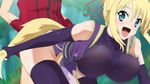 1girl animal_ears ass bent_over blonde_hair bouncing_breasts breasts clothed_sex dog_days elbow_gloves erect_nipples fox_ears from_behind gloves green_eyes happy happy_sex highres huge_breasts japanese_clothes large_breasts legs looking_back no_panties open_mouth purple_legwear sex smile socks tail tail_grab thighs vaginal yukikaze_panettone 
