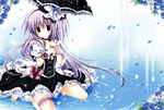  absurdres barefoot blue_flower blue_rose dress flower garters hat highres huge_filesize korie_riko lolita_fashion long_hair mini_hat mini_top_hat original parasol purple_eyes purple_hair ribbon rose sitting smile top_hat umbrella wariza wrist_cuffs wrist_ribbon 