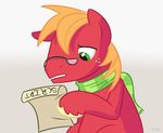 big_macintosh_(mlp) blonde_hair english_text equine eyewear feral freckles friendship_is_magic glasses green_eyes hair horse male mammal my_little_pony paper plain_background pony reading scarf script solo text txlegionnaire white_background 