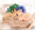  1boy 2girls blue_eyes blue_hair blush breast_press breasts censored feet fellatio green_hair group_sex highres ikkitousen large_breasts mixed_bathing mole multiple_fellatio multiple_girls nipples nude oral penis ryofu_housen ryomou_shimei sato_(pixiv956274) sex short_hair steam sweat teamwork threesome toes twintails water 