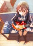  bag brown_eyes brown_hair couch fukutarou_(enji127) guitar hirasawa_yui instrument k-on! pantyhose sakuragaoka_high_school_uniform school_uniform short_hair solo 