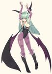  animal_print armpits arms_up bad_id bad_pixiv_id bare_shoulders bat_print bat_wings boots breasts bridal_gauntlets cleavage demon_girl elbow_gloves gloves green_eyes green_hair head_wings leotard long_hair medium_breasts morrigan_aensland pantyhose print_legwear solo succubus sumaki_shungo vampire_(game) wings 