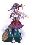 asymmetrical_clothes broom detached_sleeves dress fatkewell green_eyes hat highres long_hair original outstretched_arms purple_hair purple_legwear single_sock single_thighhigh socks solo star thighhighs witch_hat 