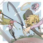  1other androgynous animal_ears blonde_hair blood cat_ears cat_tail curly_hair green_eyes hat hunter_x_hunter izatama kite_(hunter_x_hunter) long_hair neferpitou running scythe short_hair tail 
