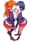  2girls :o asymmetrical_docking attsun_(atsushi_jb) black_hair black_legwear blazer blue_eyes blush breast_press breasts cleavage commentary_request hayami_momoka holding_hands interlocked_fingers itou_kaede jacket large_breasts loafers long_hair multiple_girls official_art orange_hair photoshop_(medium) ponytail school_uniform seifuku! shoes short_hair simple_background skirt socks thighhighs white_background zettai_ryouiki 