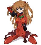  arm_up blue_eyes bodysuit breasts brown_hair evangelion:_3.0_you_can_(not)_redo eyepatch hair_ornament hand_in_hair jacket jacket_removed long_hair looking_at_viewer medium_breasts neon_genesis_evangelion plugsuit ppera rebuild_of_evangelion shikinami_asuka_langley simple_background sitting solo souryuu_asuka_langley spread_legs two_side_up wariza 