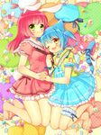  1girl :3 ;d animal_ears bad_id bad_pixiv_id barefoot blue_hair blue_nails blush bunny_ears bunny_tail candy cat_ears cat_tail crossdressing dress fang food frills green_eyes hat hat_removed headwear_removed holding_hands kuroki_(ma-na-tu) leg_garter lollipop multiple_boys nail_polish one_eye_closed open_mouth original otoko_no_ko pillow pink_hair red_nails ribbon sailor_dress smile tail tail_ribbon toenail_polish twintails yellow_eyes 