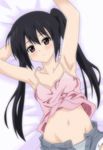  armpits arms_up black_hair blush brown_eyes camisole k-on! nakano_azusa navel panties shorts solo striped striped_panties tsugurusu_kyohou unbuttoned underwear 