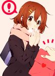  1girl :o bad_id bad_pixiv_id bag blowing blush brown_eyes brown_hair cold girock heart hirasawa_yui holding k-on! scarf short_hair simple_background solo white_background 