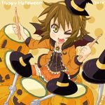  2010 brown_eyes brown_hair dress drum drum_set drumsticks halloween happy_halloween hat instrument jack-o'-lantern k-on! one_eye_closed orange_(color) orange_background orange_dress plover polka_dot polka_dot_background pumpkin revision short_hair skirt solo tainaka_ritsu witch_hat 