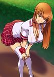  breasts brown_eyes brown_hair choker cleavage hands_on_own_knees hanging_breasts ian_chase large_breasts long_hair plaid plaid_skirt school_uniform skirt solo tentacle_bento thighhighs white_legwear 
