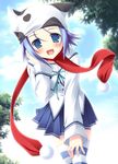  :d amakase_minatsu animal_print blue_eyes blue_hair blush cloud cow_print da_capo da_capo_ii day happy hat hironii_(nirvana_soft) leaning_forward looking_at_viewer open_mouth outdoors pleated_skirt pom_pom_(clothes) red_scarf scarf school_uniform short_hair skirt sky smile solo striped striped_legwear thighhighs tree 