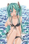 bikini blue_eyes green_eyes green_hair hatsune_miku long_hair minazuki_itto one_eye_closed open_mouth partially_submerged sitting solo submerged swimsuit twintails untied very_long_hair vocaloid wet 
