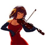  absurdres arantheus black_gloves breasts brown_hair choker cleavage closed_eyes dress elbow_gloves formal gloves hairband highres instrument large_breasts music orange_hairband playing_instrument red_dress short_hair solo suzumiya_haruhi suzumiya_haruhi_no_yuuutsu transparent_background violin 