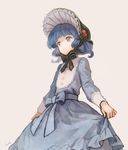  adapted_costume blue_eyes blue_hair bonnet bow dress iwamoto_zerogo kawashiro_nitori short_hair simple_background solo touhou two_side_up 
