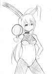  ahoge animal_ears bare_shoulders bunny_ears bunny_girl bunnysuit chuunibyou_demo_koi_ga_shitai! collar fishnet_pantyhose fishnets hairband hand_on_hip highres ladle long_hair monochrome non-web_source pantyhose solo takanashi_touka wrist_cuffs zeima81 