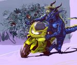  black_hair blonde_hair blue blue_scales dragon hair horn male motorcycle toulouse two_tone_hair yellow yellow_eyes 