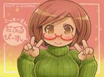  2012 artist_name blush bob_cut brown_eyes brown_hair commentary dated double_v glasses green_shirt looking_at_viewer nikki_(swapnote) red-framed_eyewear ribbed_sweater shigatake shirt short_hair smile solo swapnote sweater translated turtleneck v 
