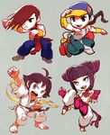  2girls antenna_hair baggy_pants bare_shoulders barefoot baseball_cap bridal_gauntlets brown_hair chinese_clothes clenched_hands dougi drill_hair fighting_stance hair_over_one_eye halter_top halterneck han_juri hat karate karate_gi kung_fu makoto_(street_fighter) multiple_boys multiple_girls muscle oetarou open_mouth pants pointy_hair short_hair shouting simple_background skateboard standing standing_on_one_leg street_fighter street_fighter_iv_(series) twin_drills yang_lee yun_lee 